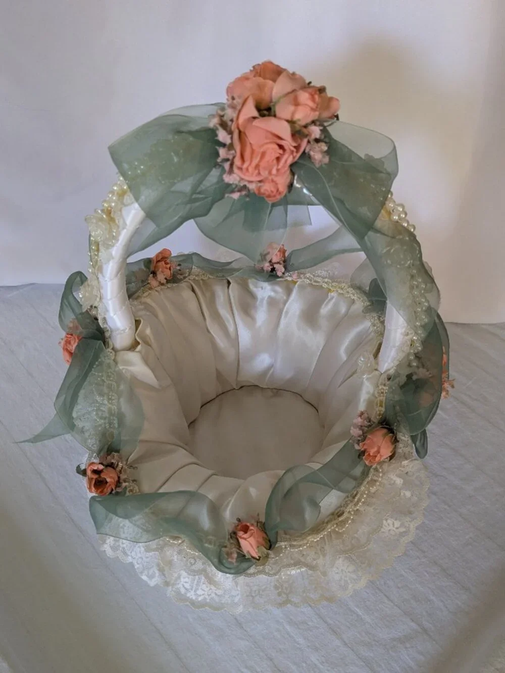 Handmade Lace Pearls Roses & Satin Wedding Baby Cheer Gift Basket